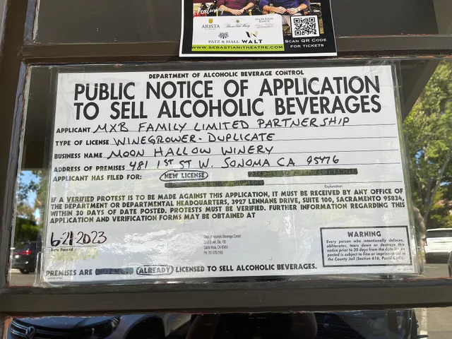 Public notice of application to sell alcoholic beverages for a winery in Sonoma, California. 3 California, Texas and Nevada liquor license costs for caterers