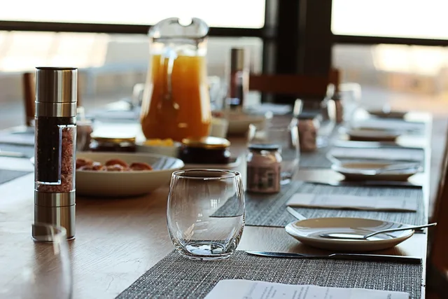 breakfast, banquet, catering, table, meal, restaurant, serving, dine, plate, wooden, juice, pepper. Referral program ideas that feel earned, not bought
