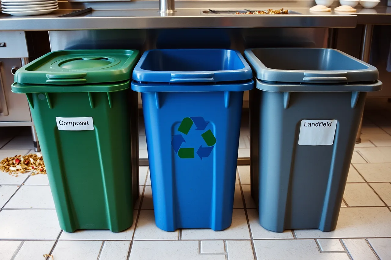 Three labeled bins for compost, recycling, and landfill in a catering kitchen (Seattle catering under Washington waste and permit rules)