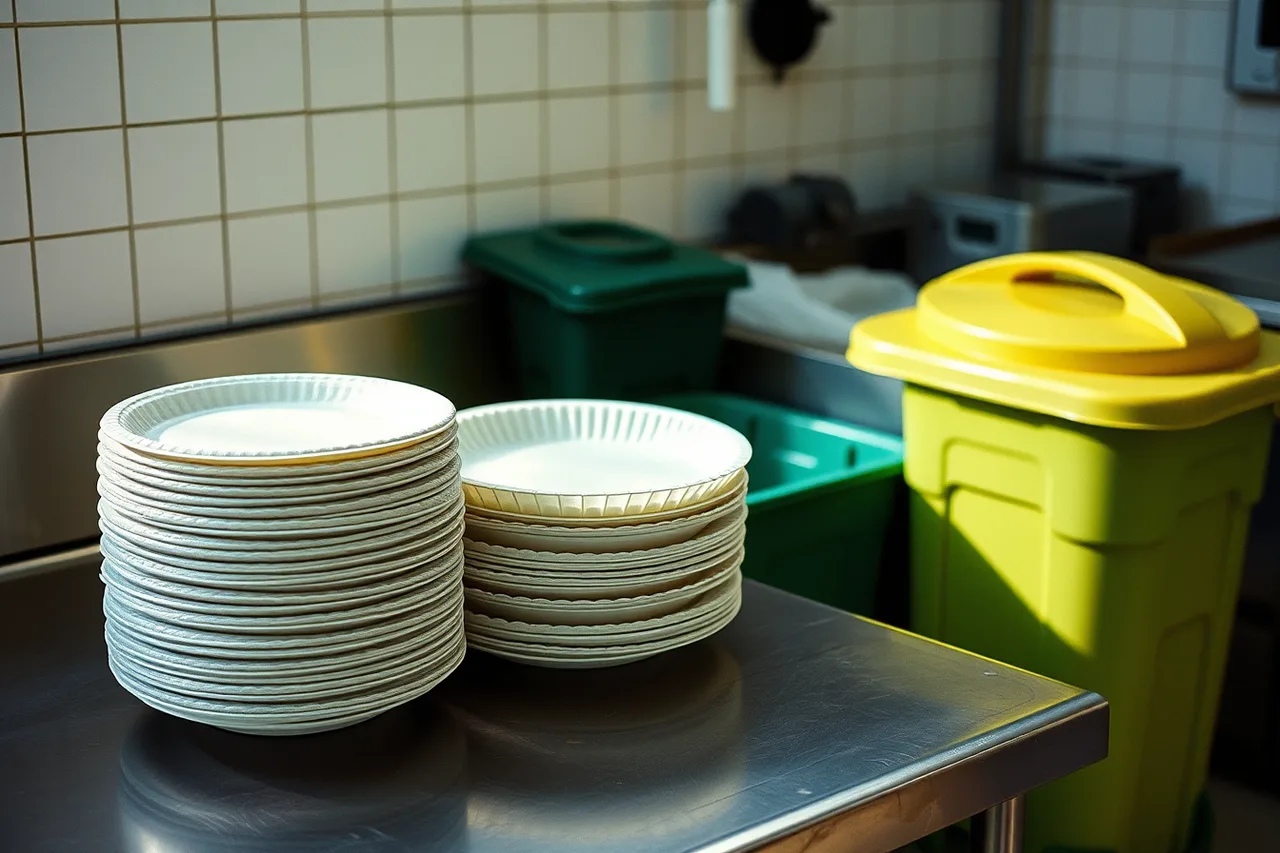 Hands checking compostable plates and a fiber container against certification paperwork (Seattle catering under Washington waste and permit rules)